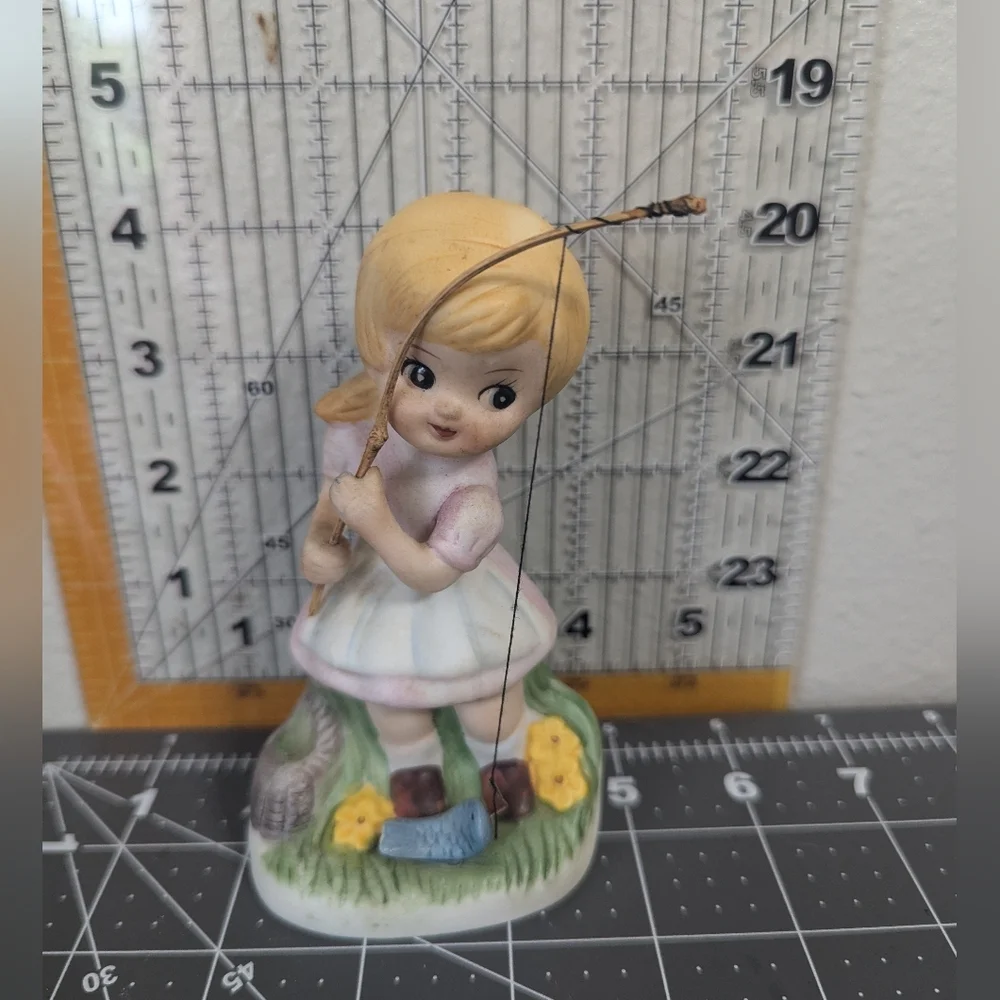 Vintage girl fishing porcelain figurine KOREA praire blue fish fishing pole